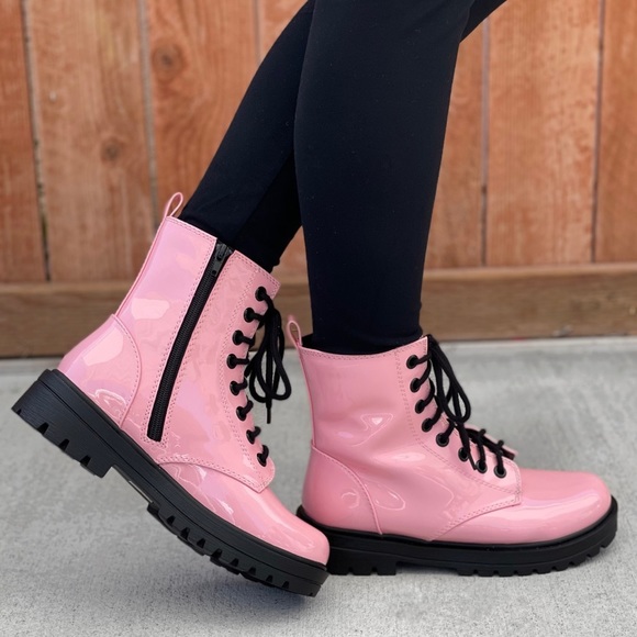 Pink Lace up Combat Boots - Picture 3 of 11